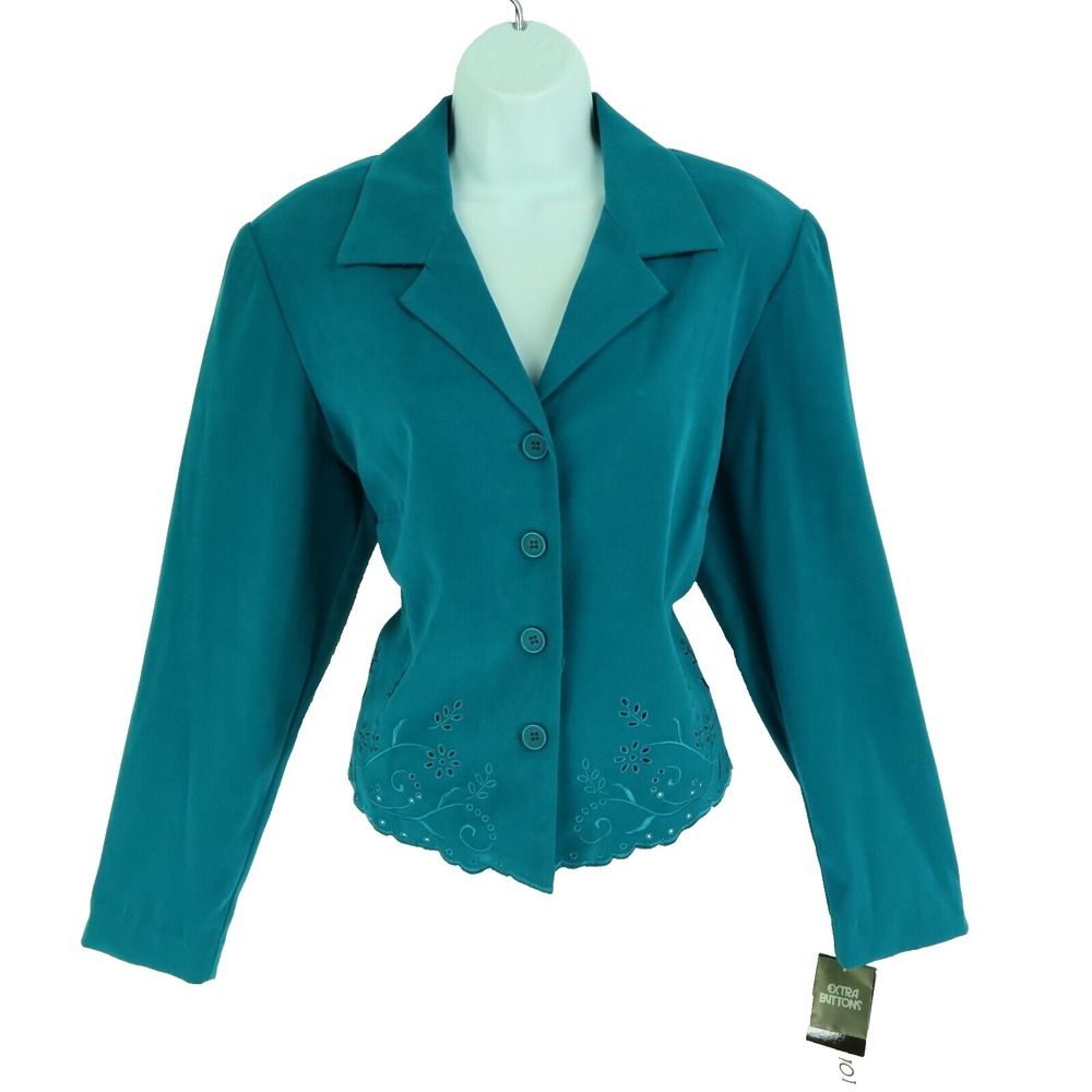 Studio 1 Blazer Jacket Womens Size 14 Blue Embroidered Eyelet Shoulder Pads NWT